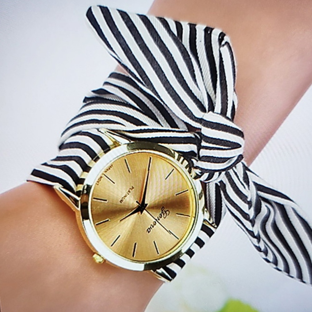 Fashion watch unique striped cloth bow band